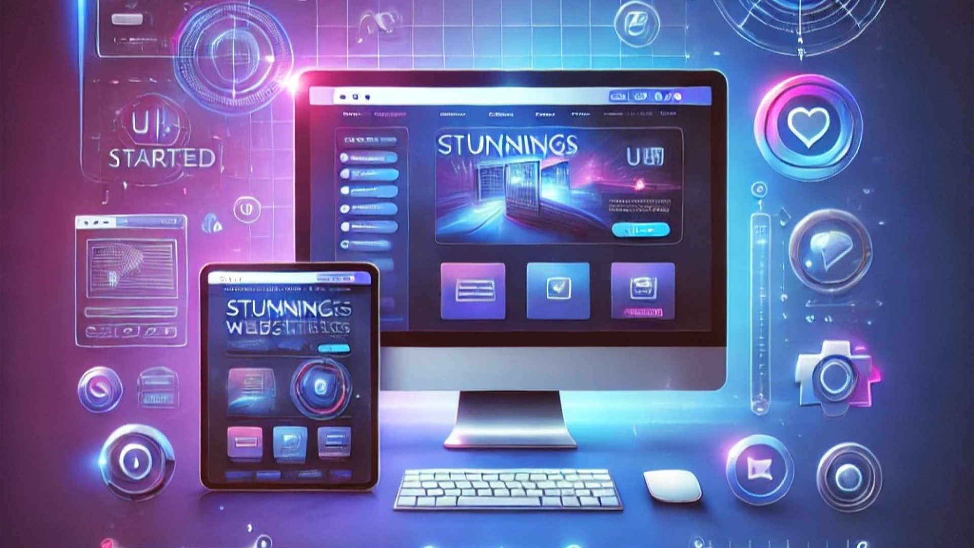 A modern and professional thumbnail for a web design company. The background features a sleek gradient of blue and purple tones, creating a high-tech